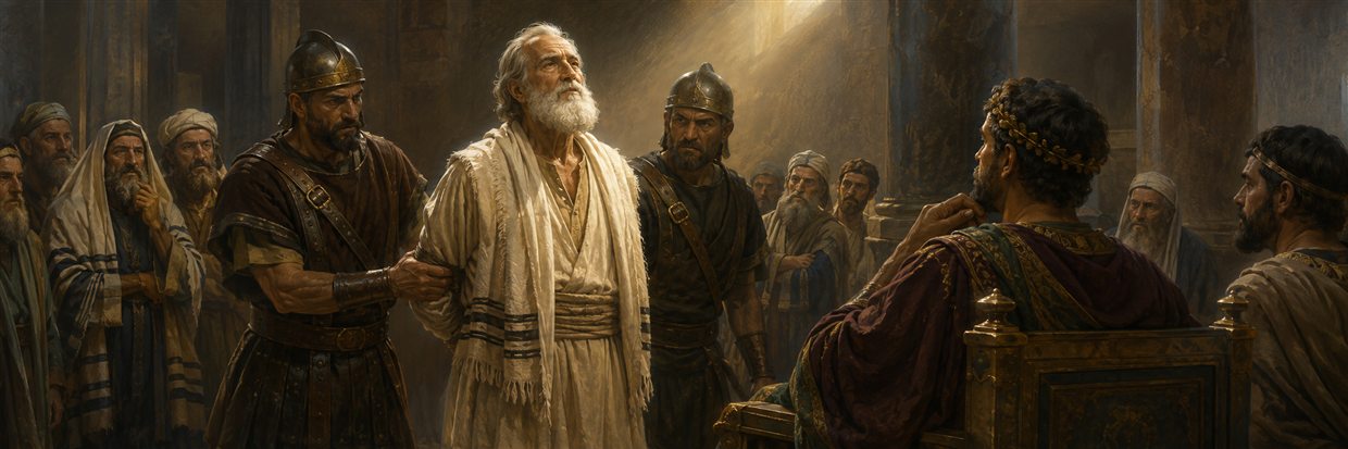 The elderly Eleazar remains serene and prayerful before unused instruments as guards fail to break his resolve